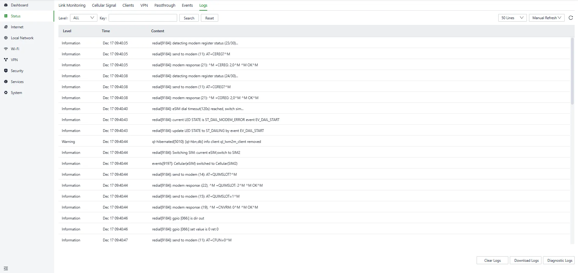 Logs interface