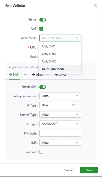 Configure the dial-up parameters