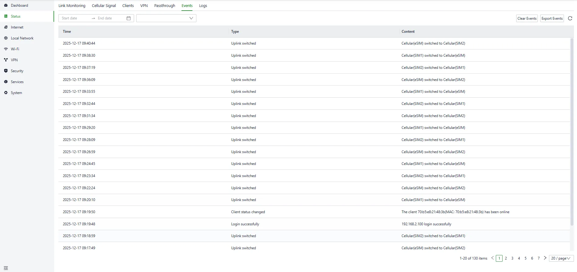 Events interface