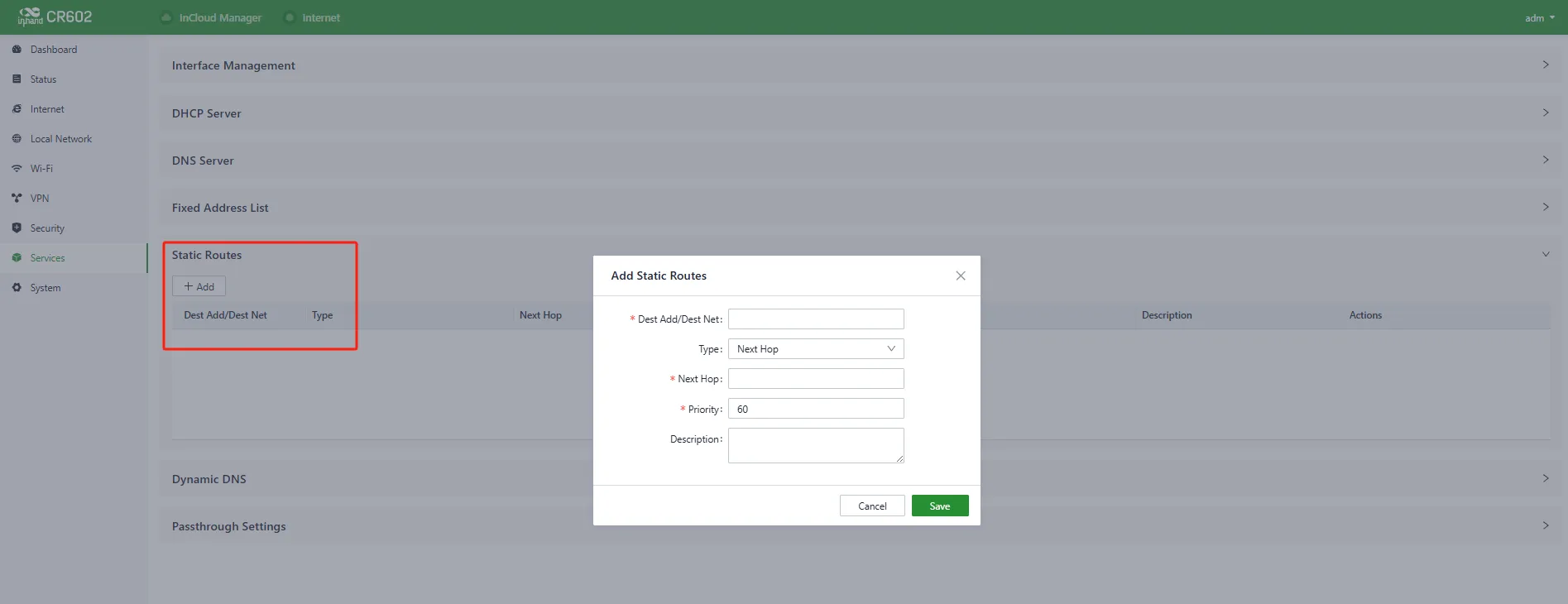 Static Routes interface