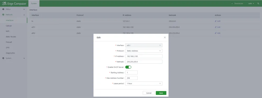 Ethernet Interface DHCP Server Configuration