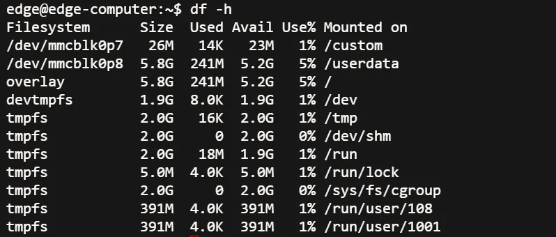 df -h command output showing disk space