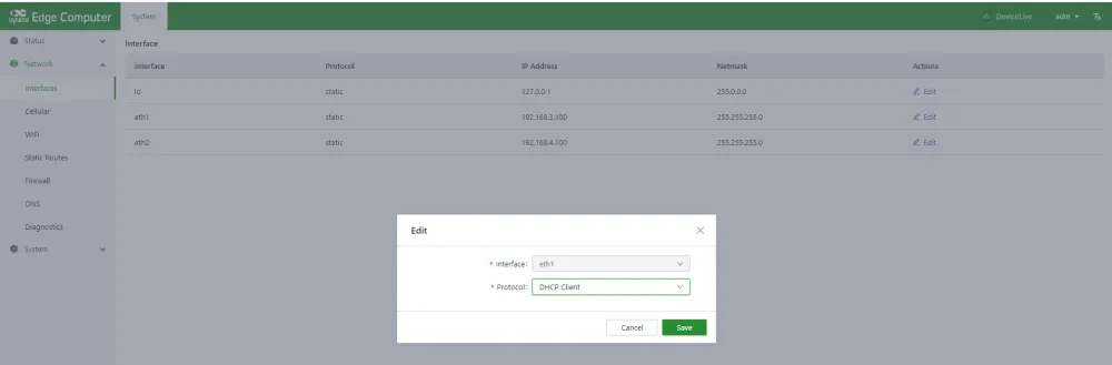 Ethernet DHCP client configuration page