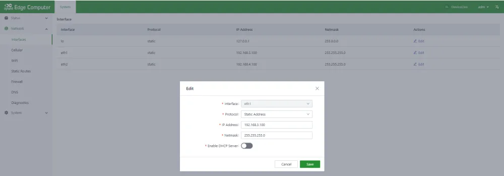 Ethernet static IP configuration page