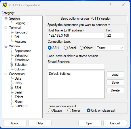 PuTTY SSH connection configuration