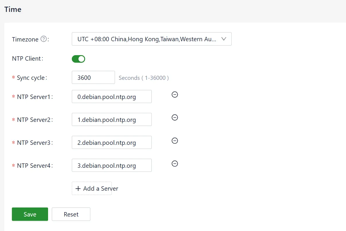Time zone and NTP configuration