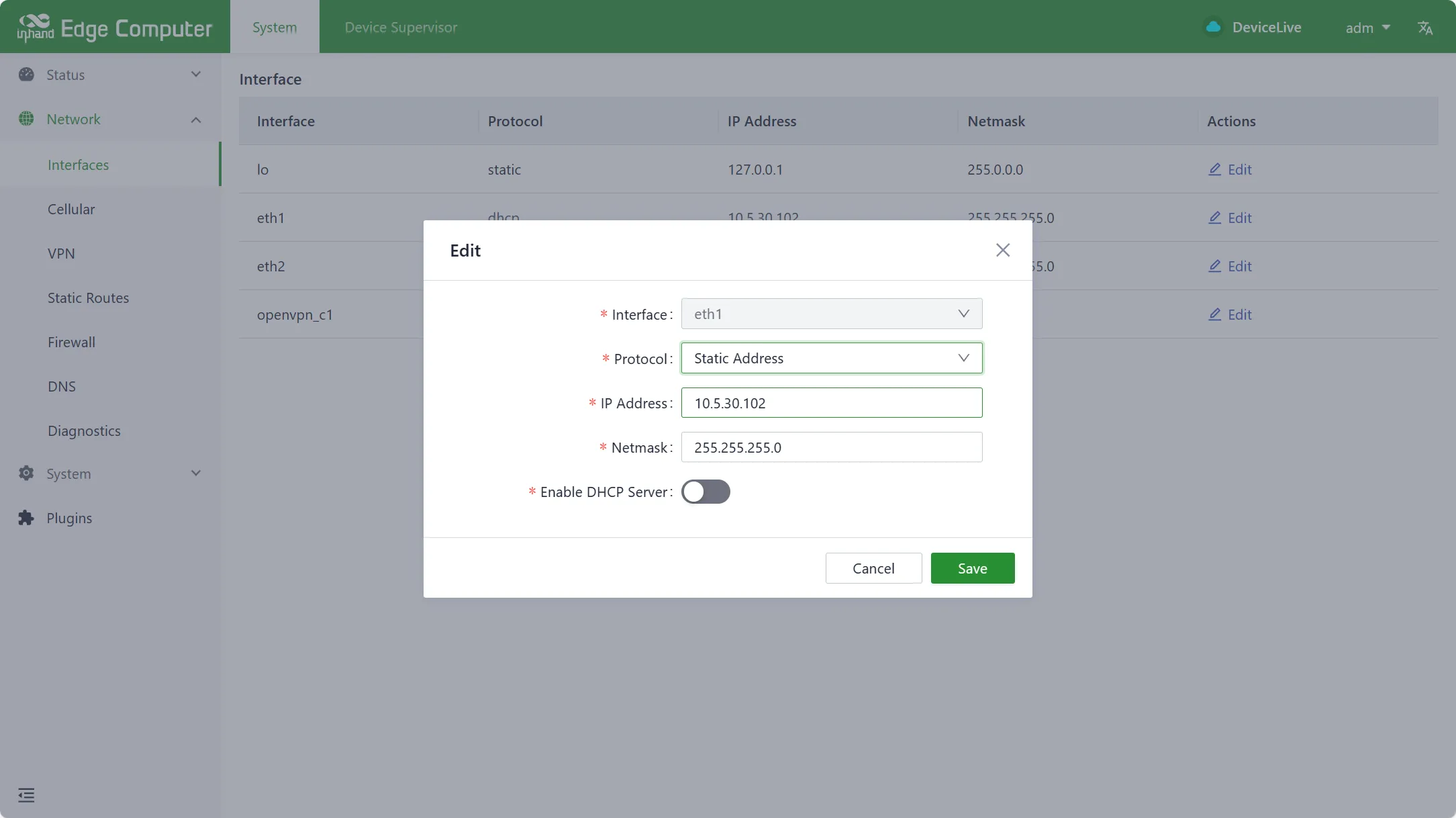 Ethernet static IP configuration