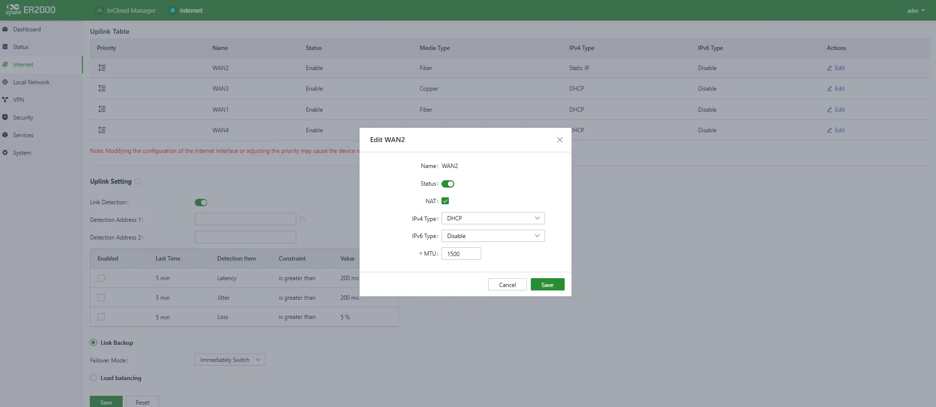 Enable DHCP Service on WAN1 Interface