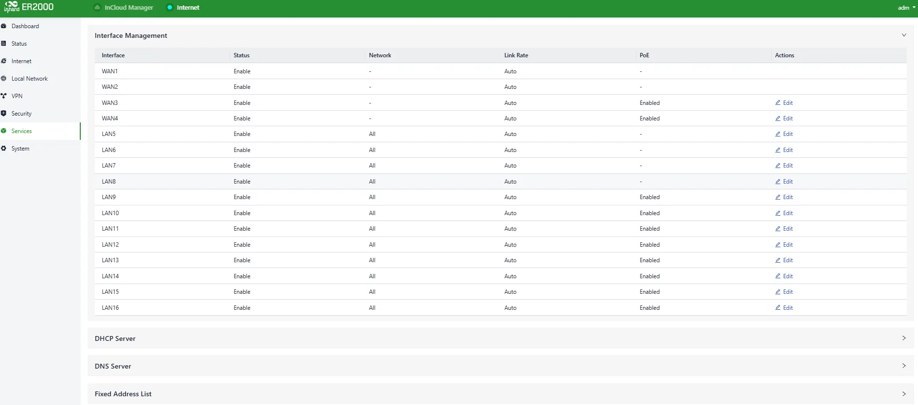 Interface Management Page