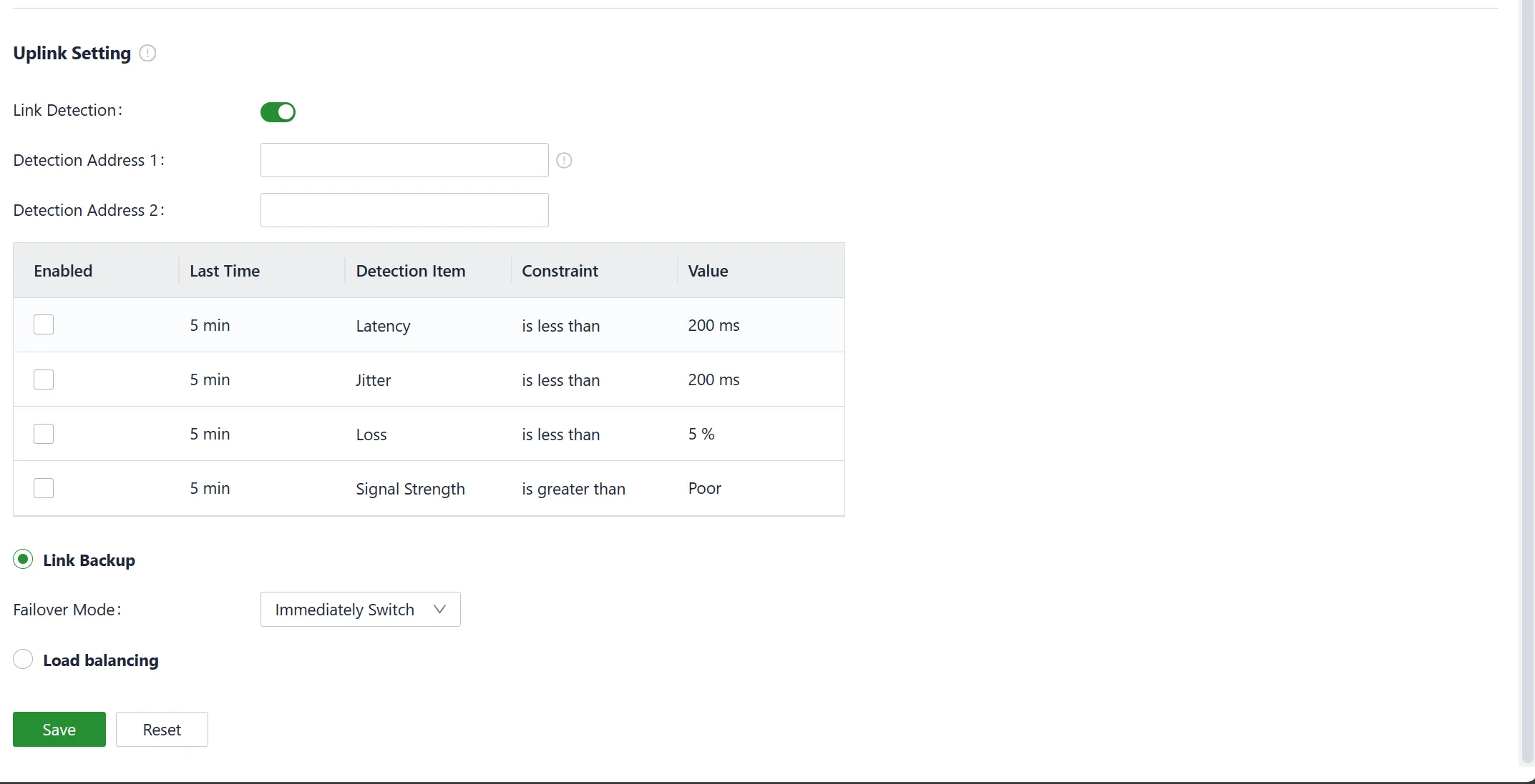 Uplink Settings Interface