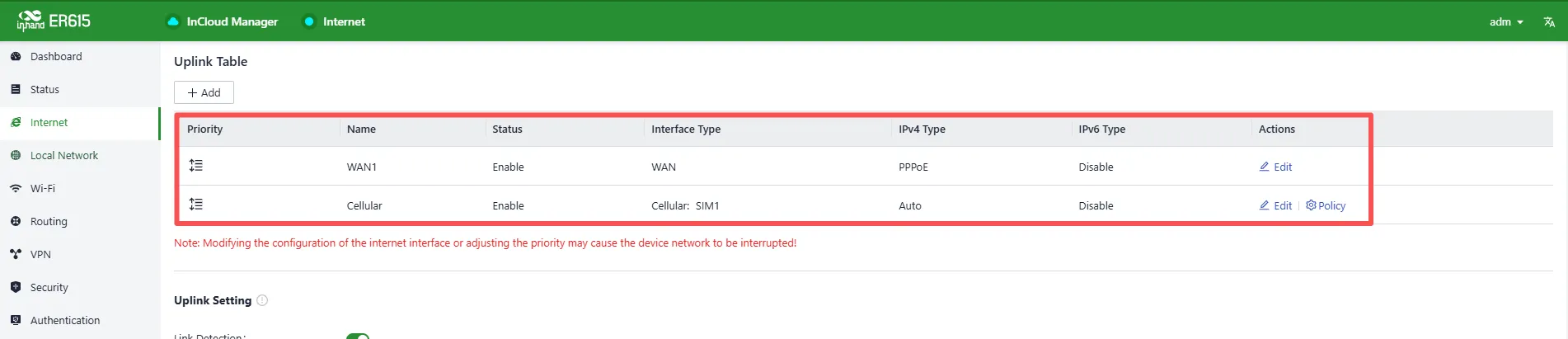 Uplink Table Interface