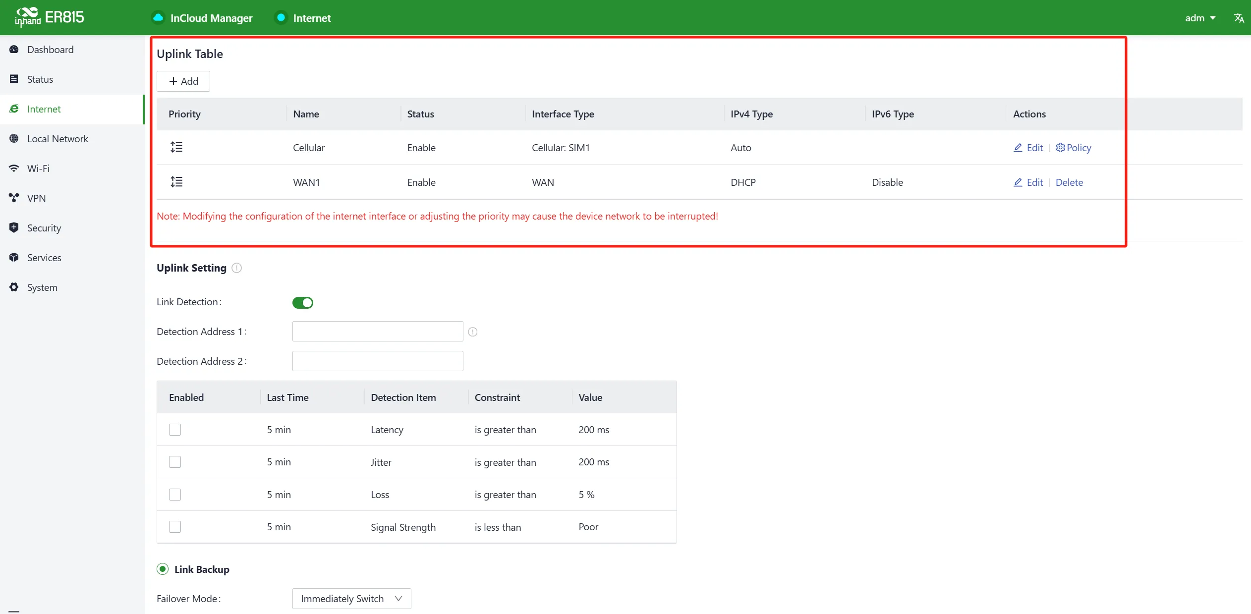 Uplink Table Interface