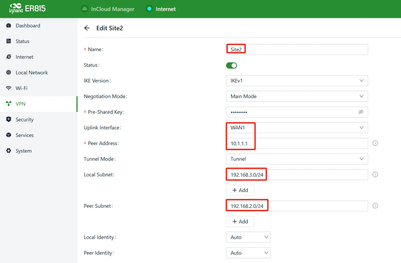 Site2 IPSec Configuration