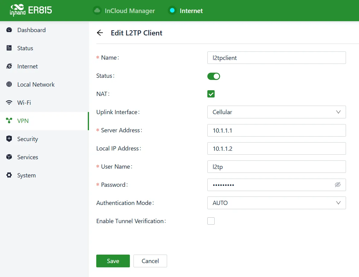Set the L2TP Client Parameters