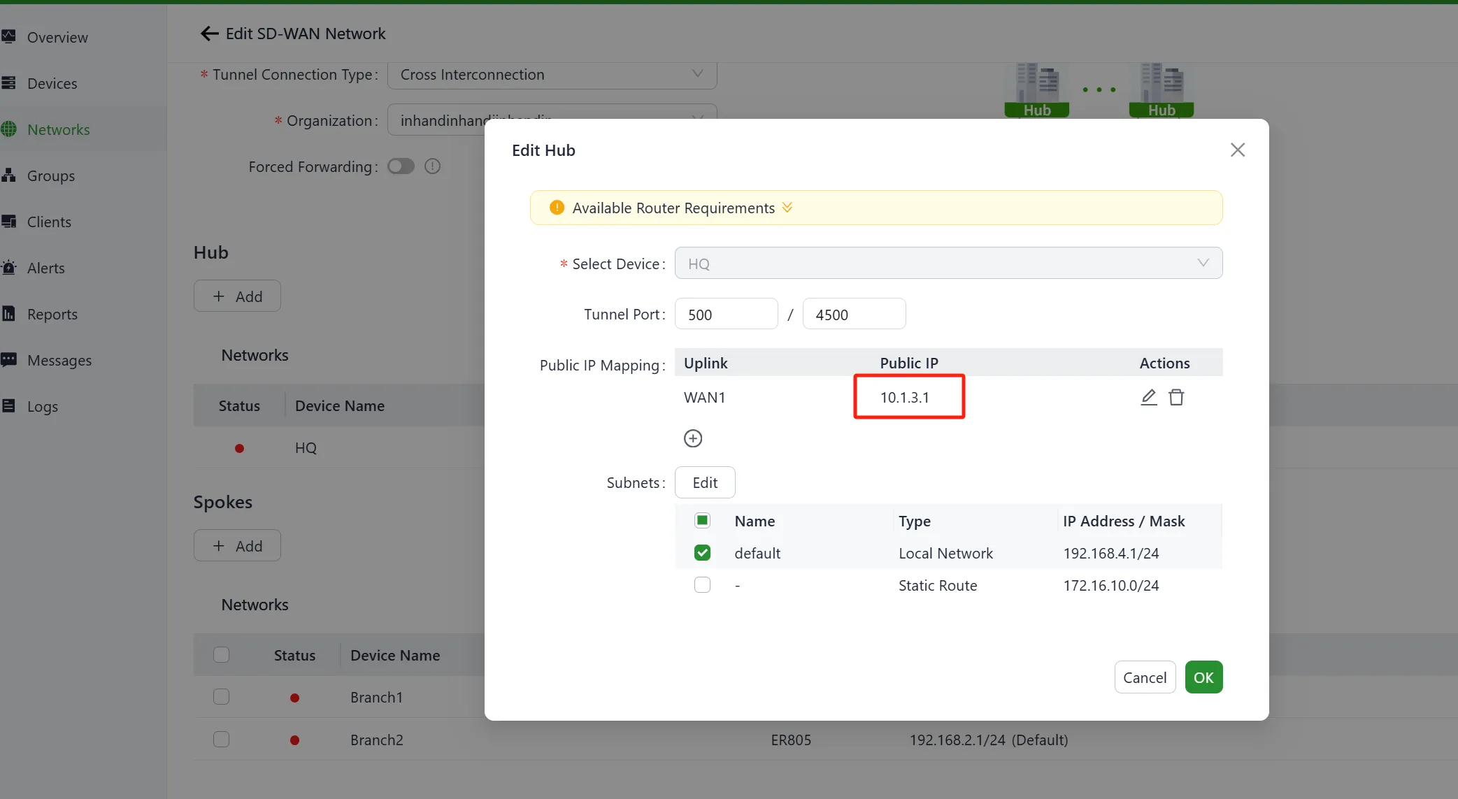Enter the Public IP Address of the Hub Device