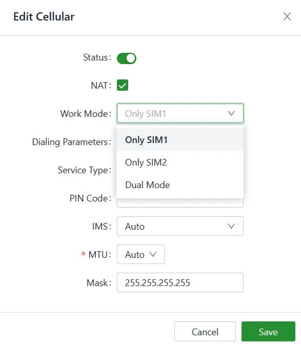 Configure the dial-up parameters