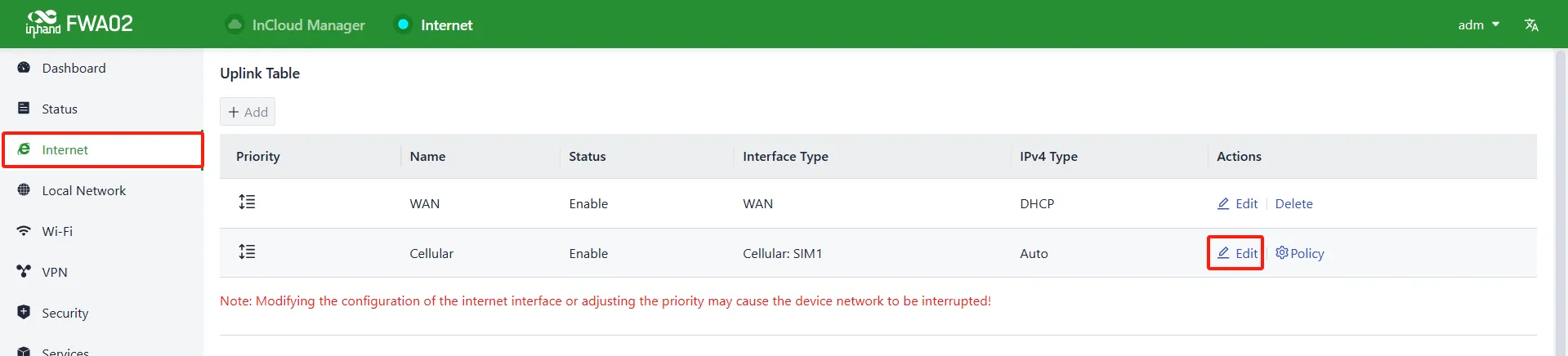 Edit the uplink interface