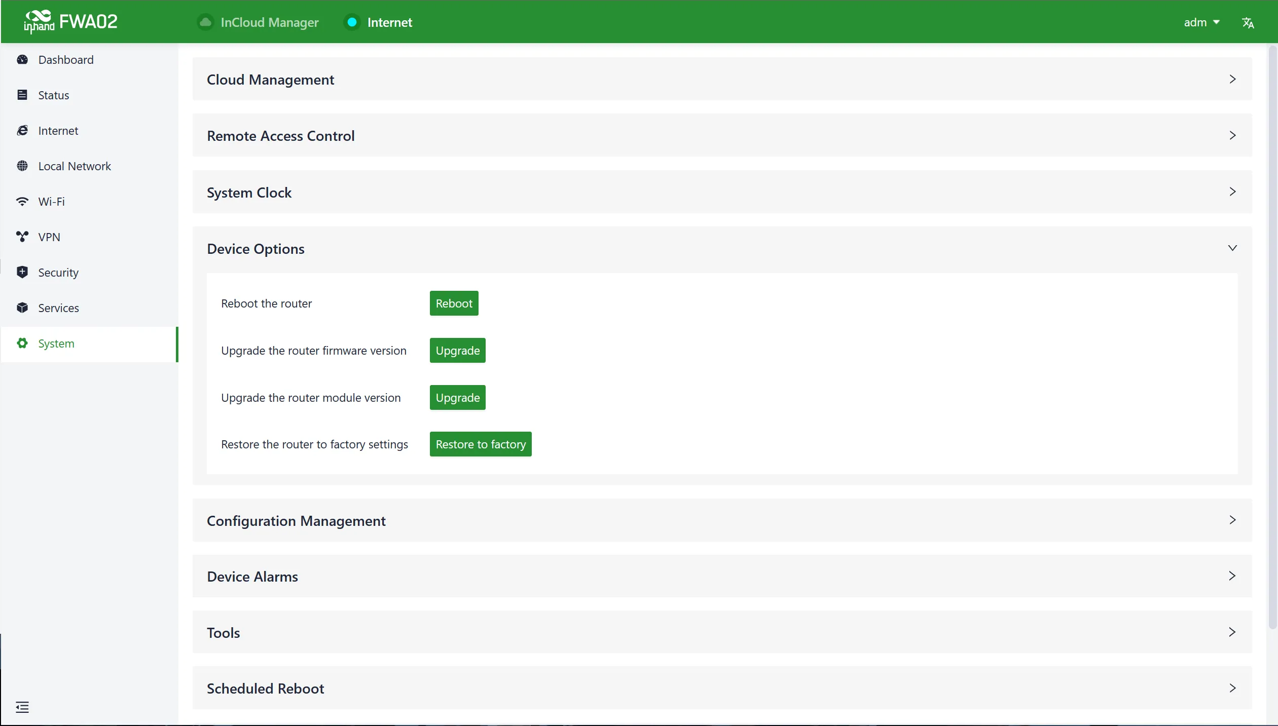 Device option panel