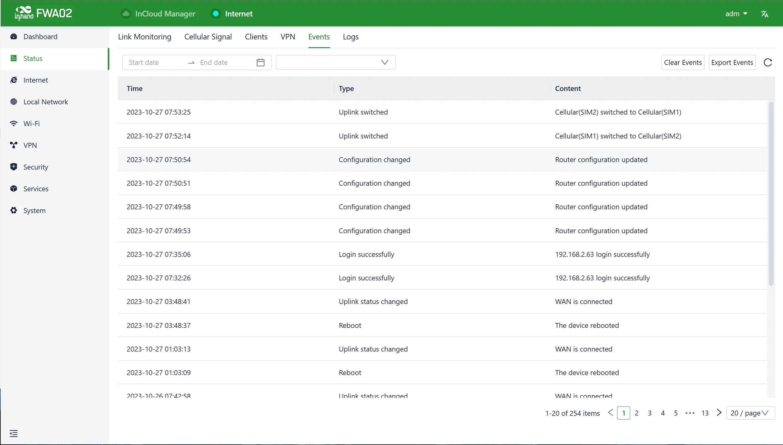 Events interface