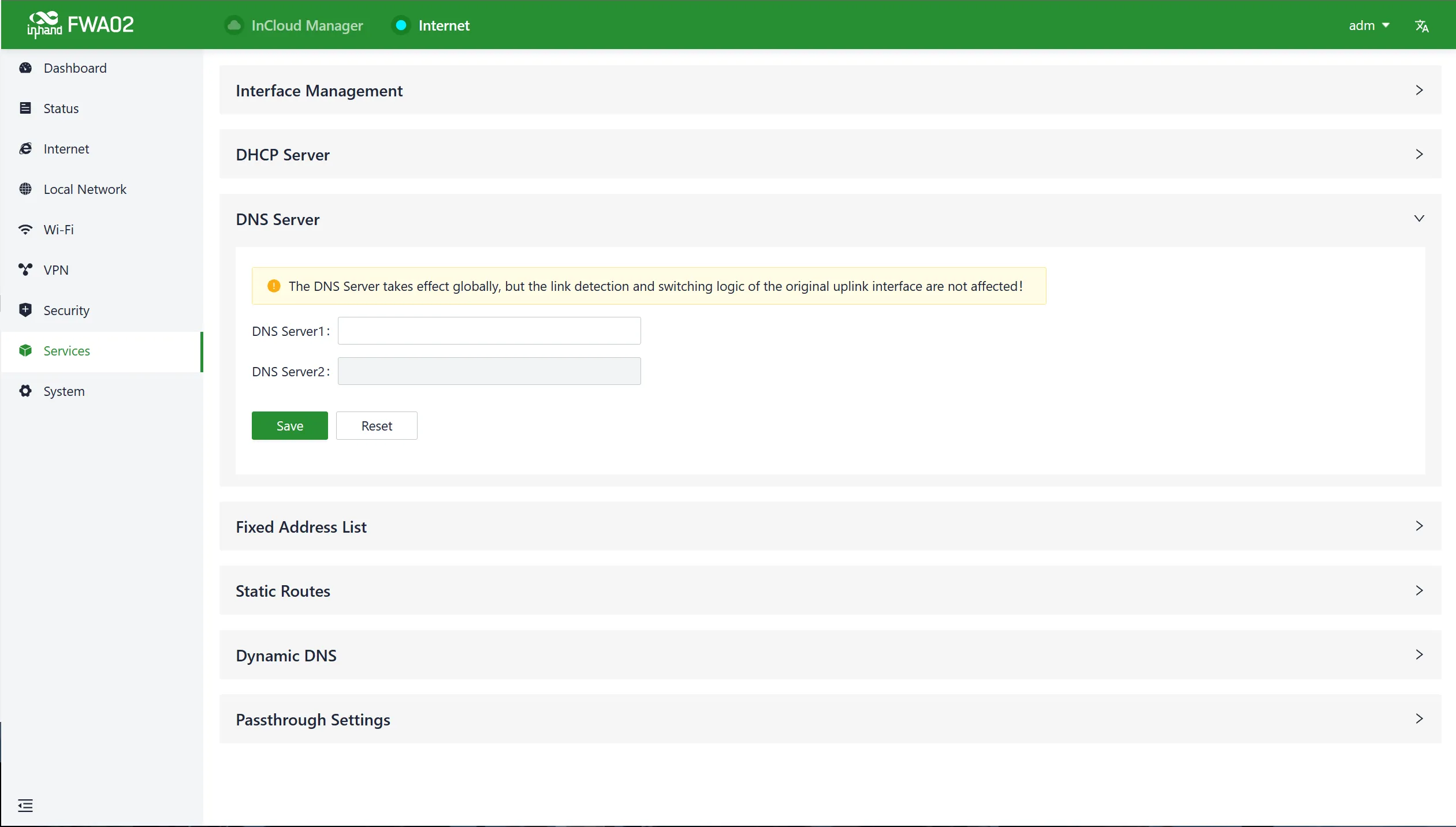 DNS server panel