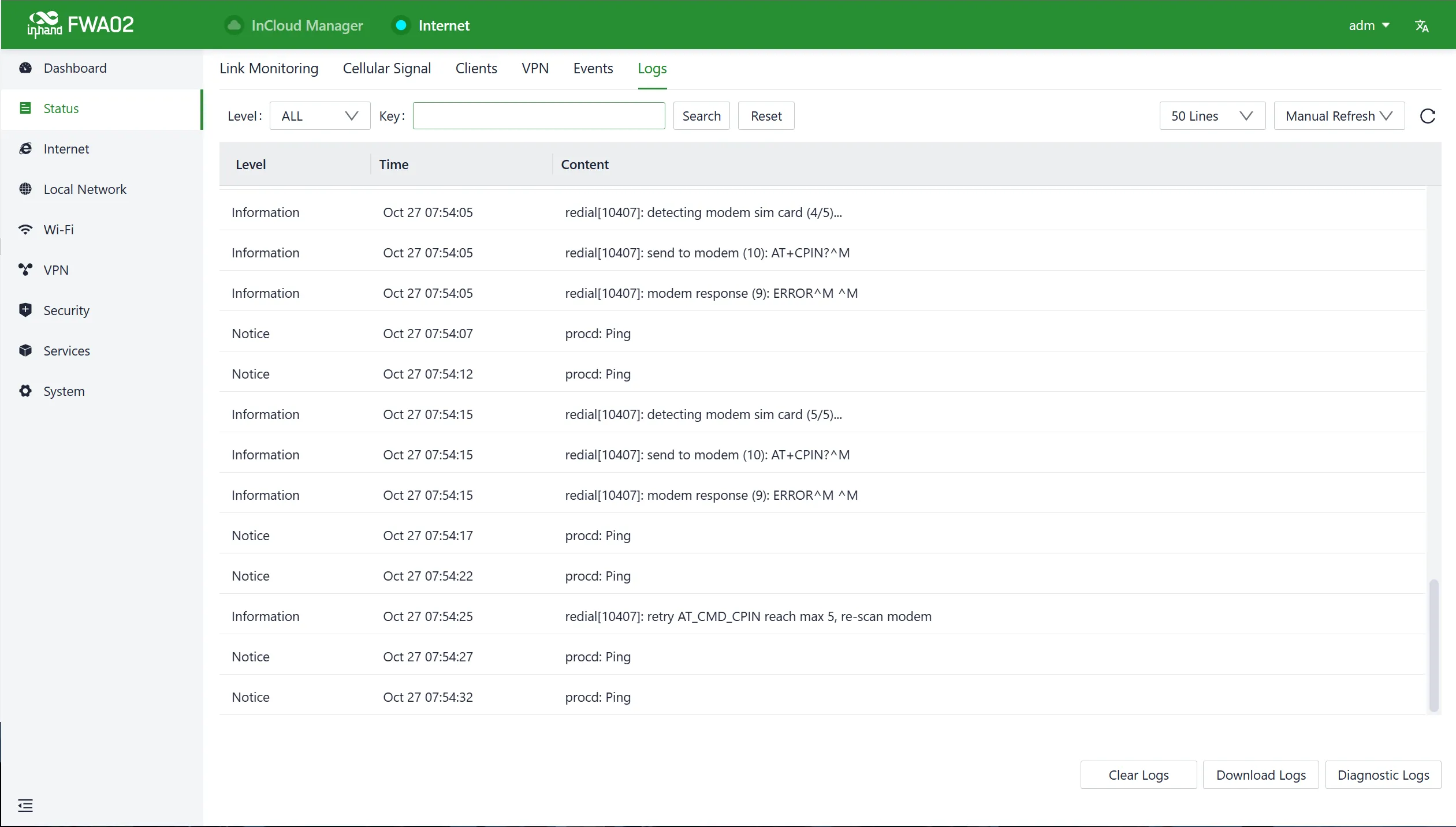Logs interface
