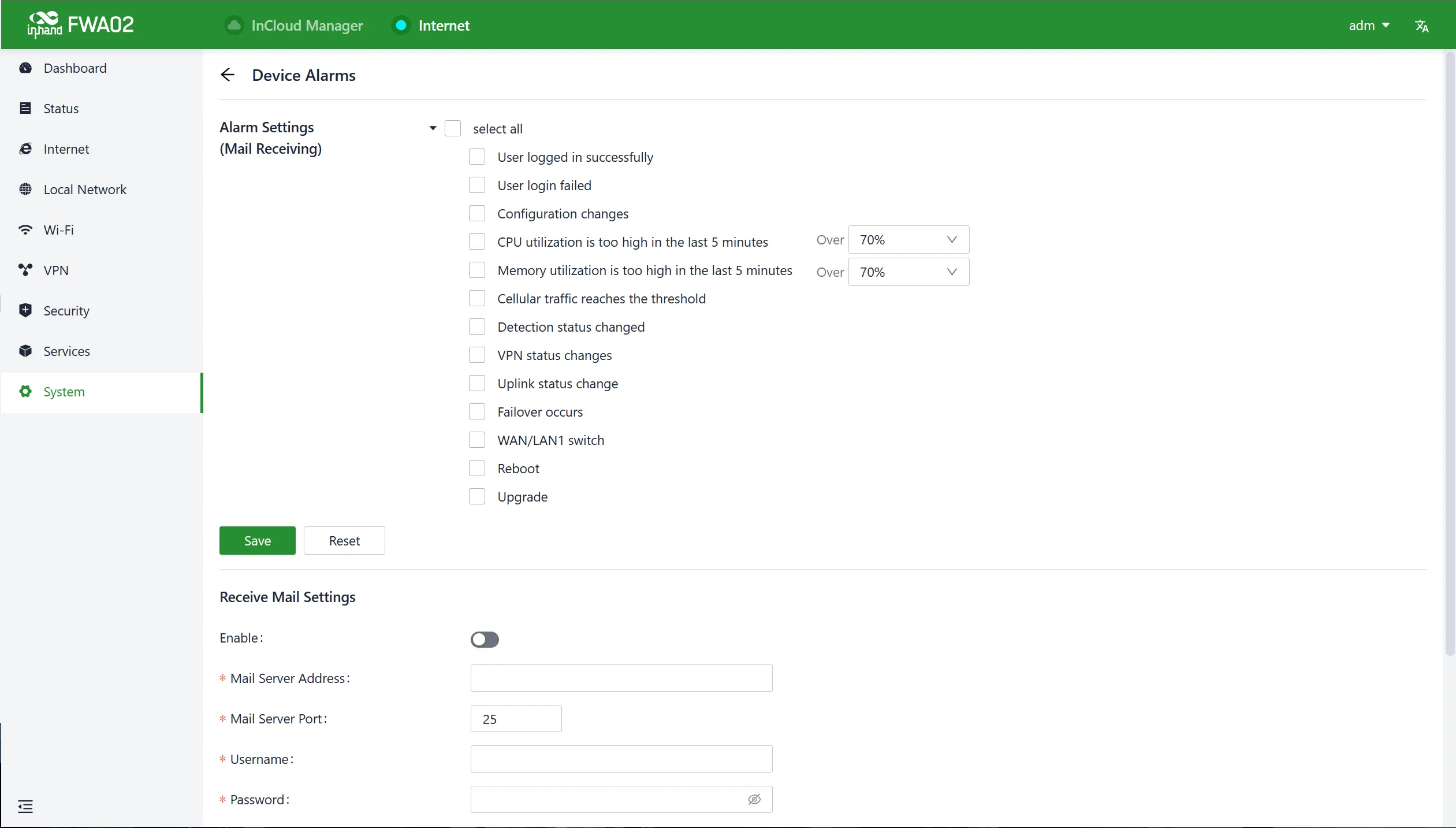 Configure the device alarms