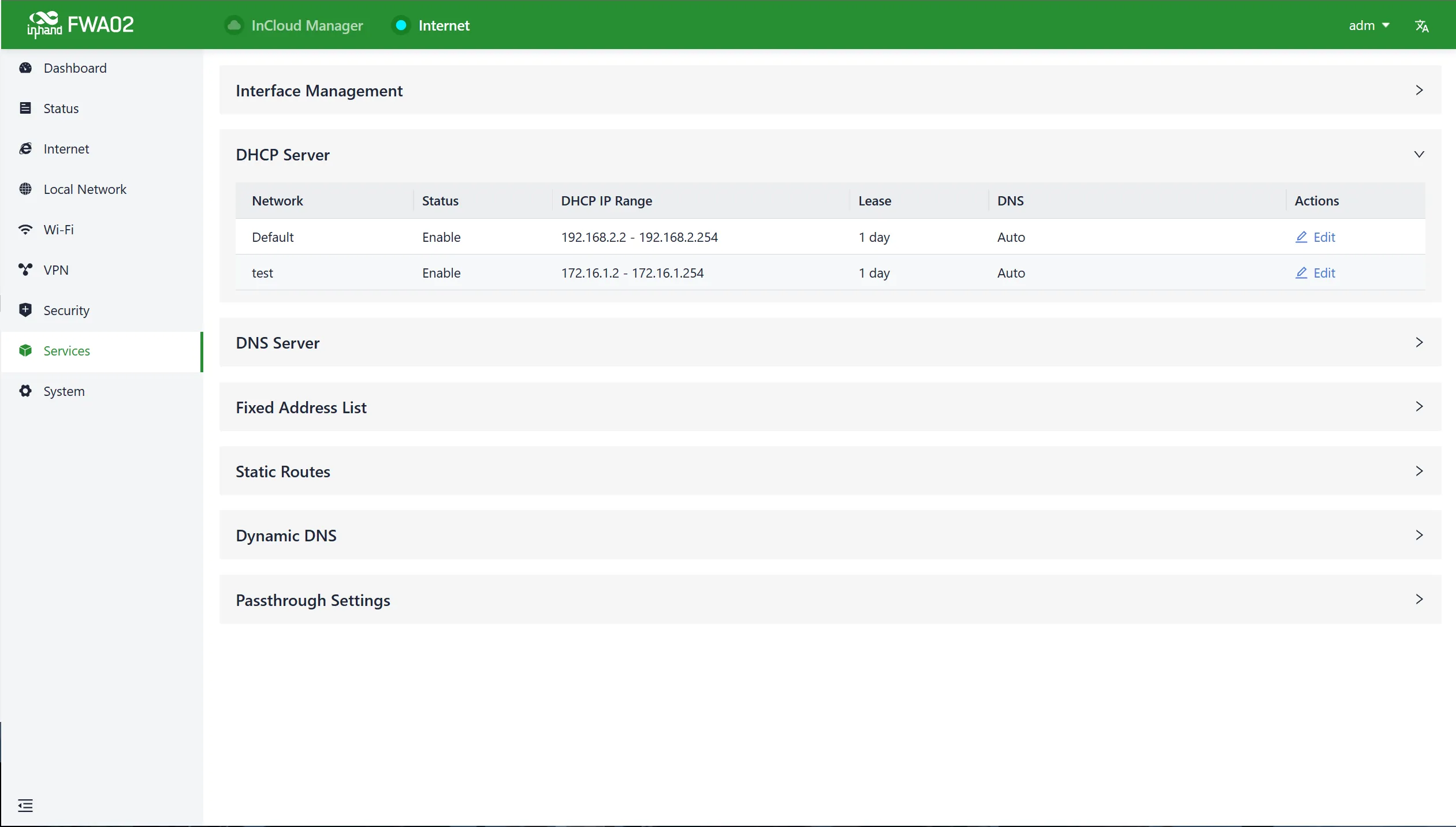DHCP server panel