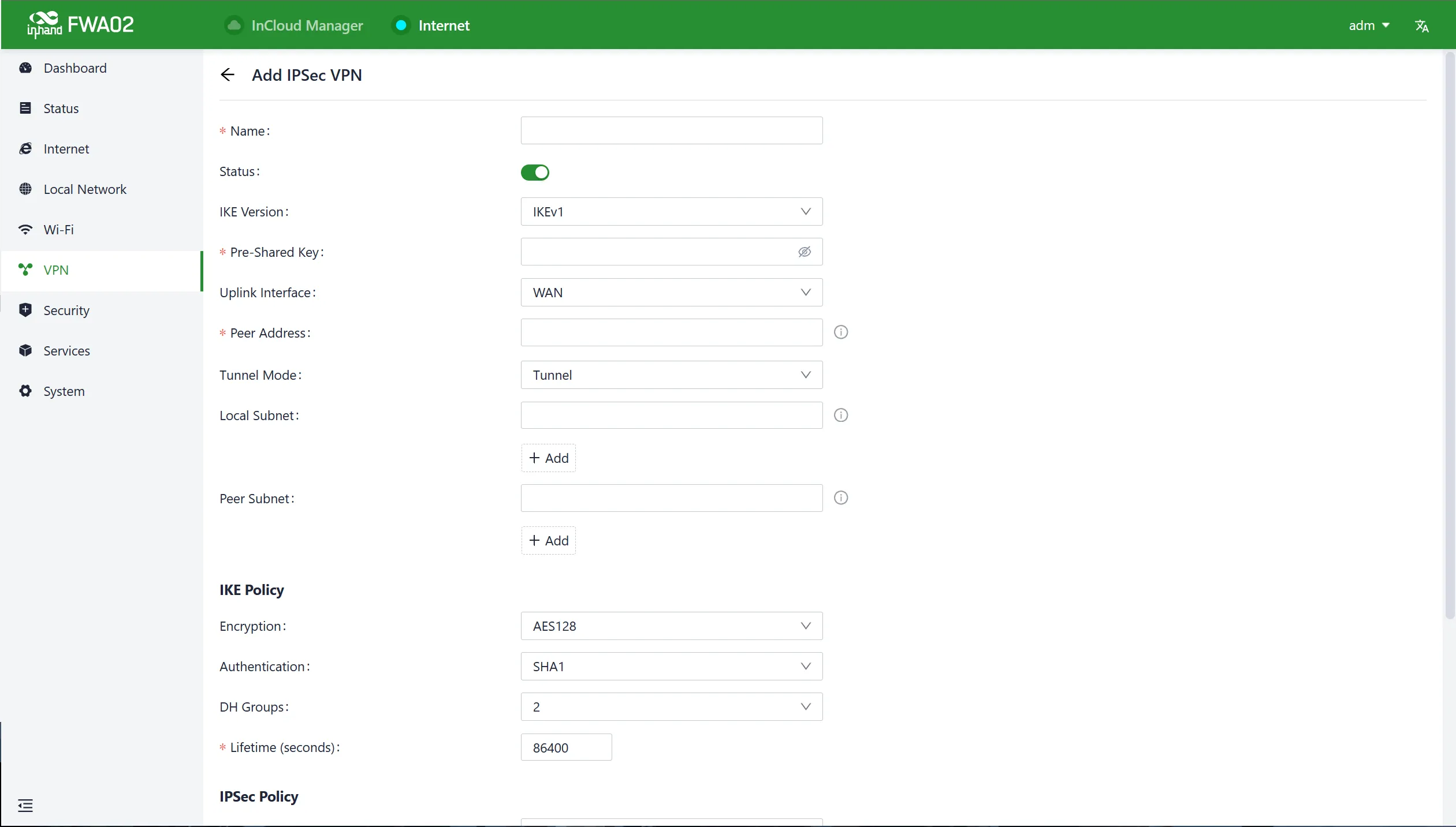 Set the IPSec VPN's parameters