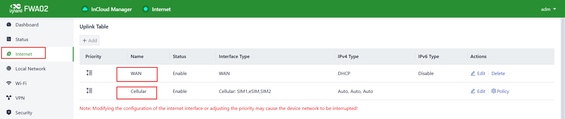 Uplink Table showing WAN and Cellular entries