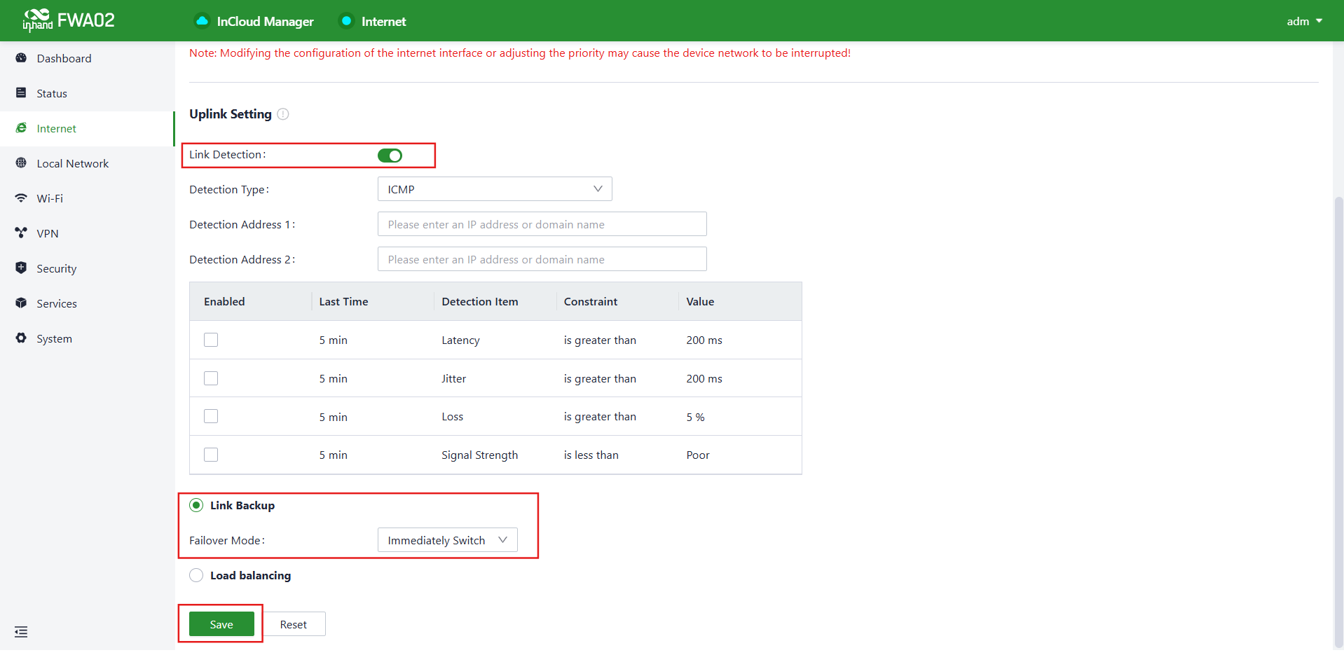 Uplink Setting page with Link Detection and Link Backup configured