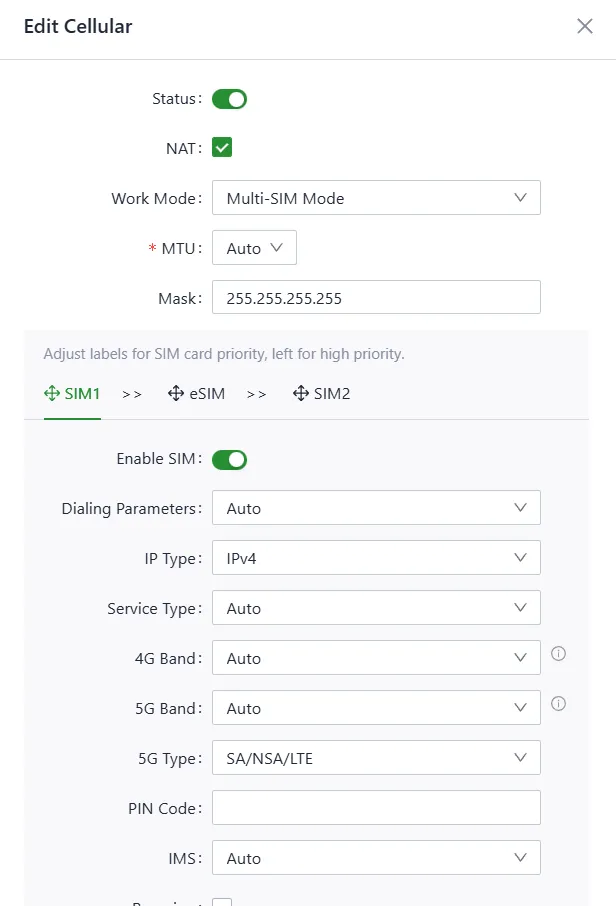 Configure the dial-up parameters