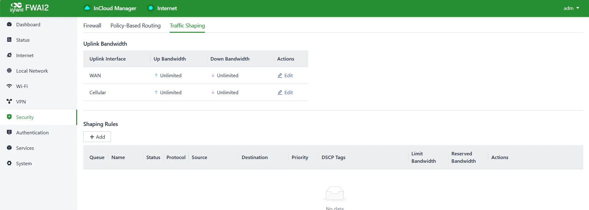 Traffic Shaping interface
