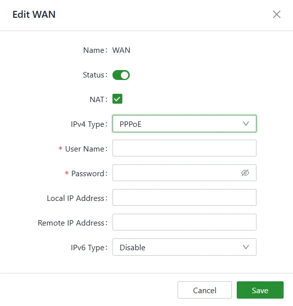 Set the PPPoE service