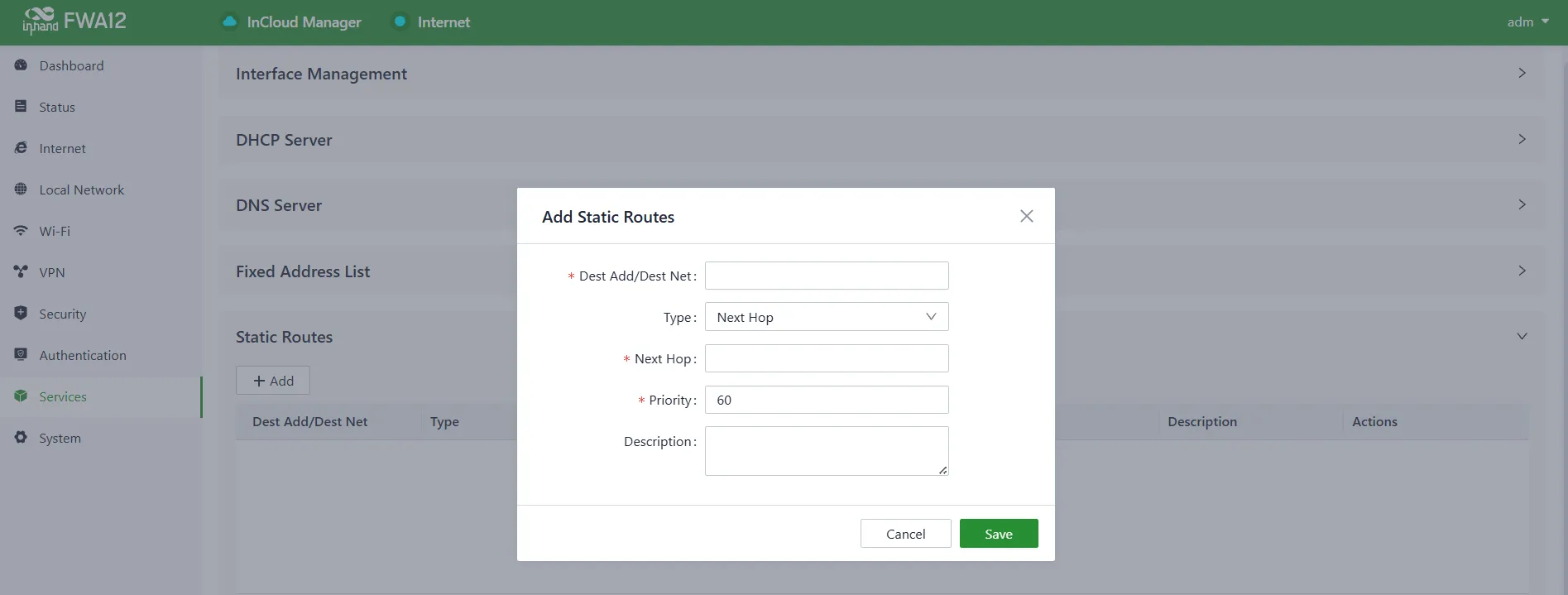 Static Routes interface