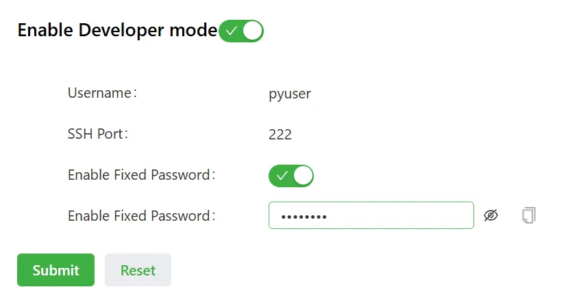 Developer mode configuration