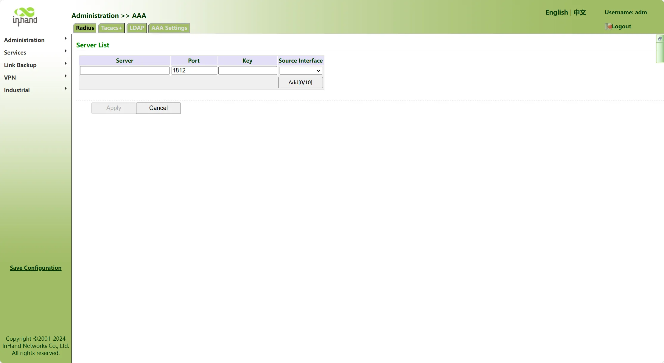 RADIUS authentication configuration