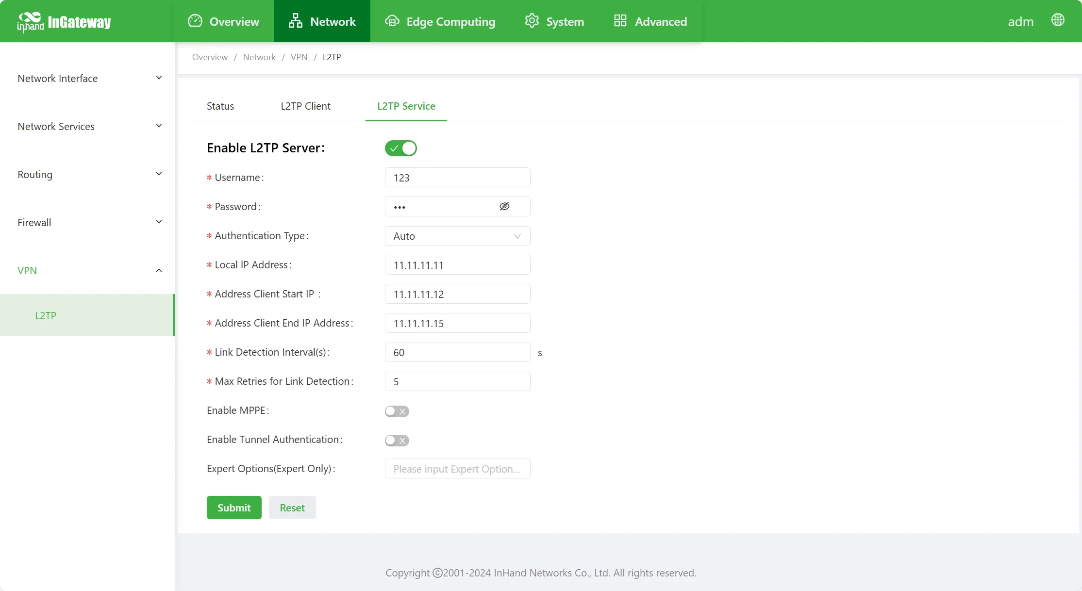 L2TP server advanced options