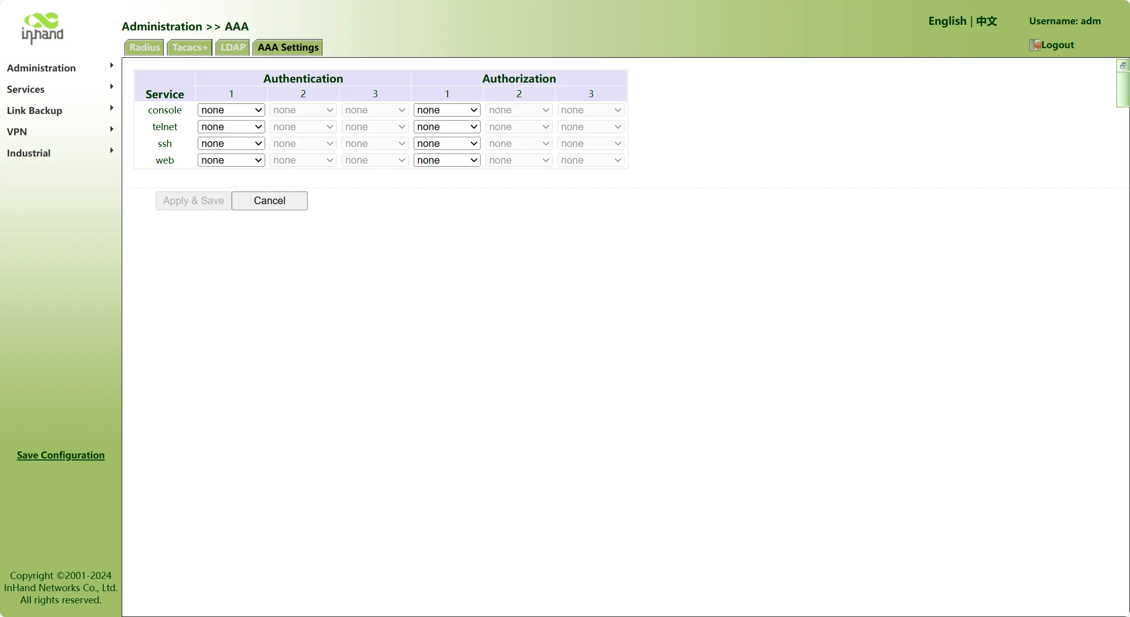 AAA authentication configuration