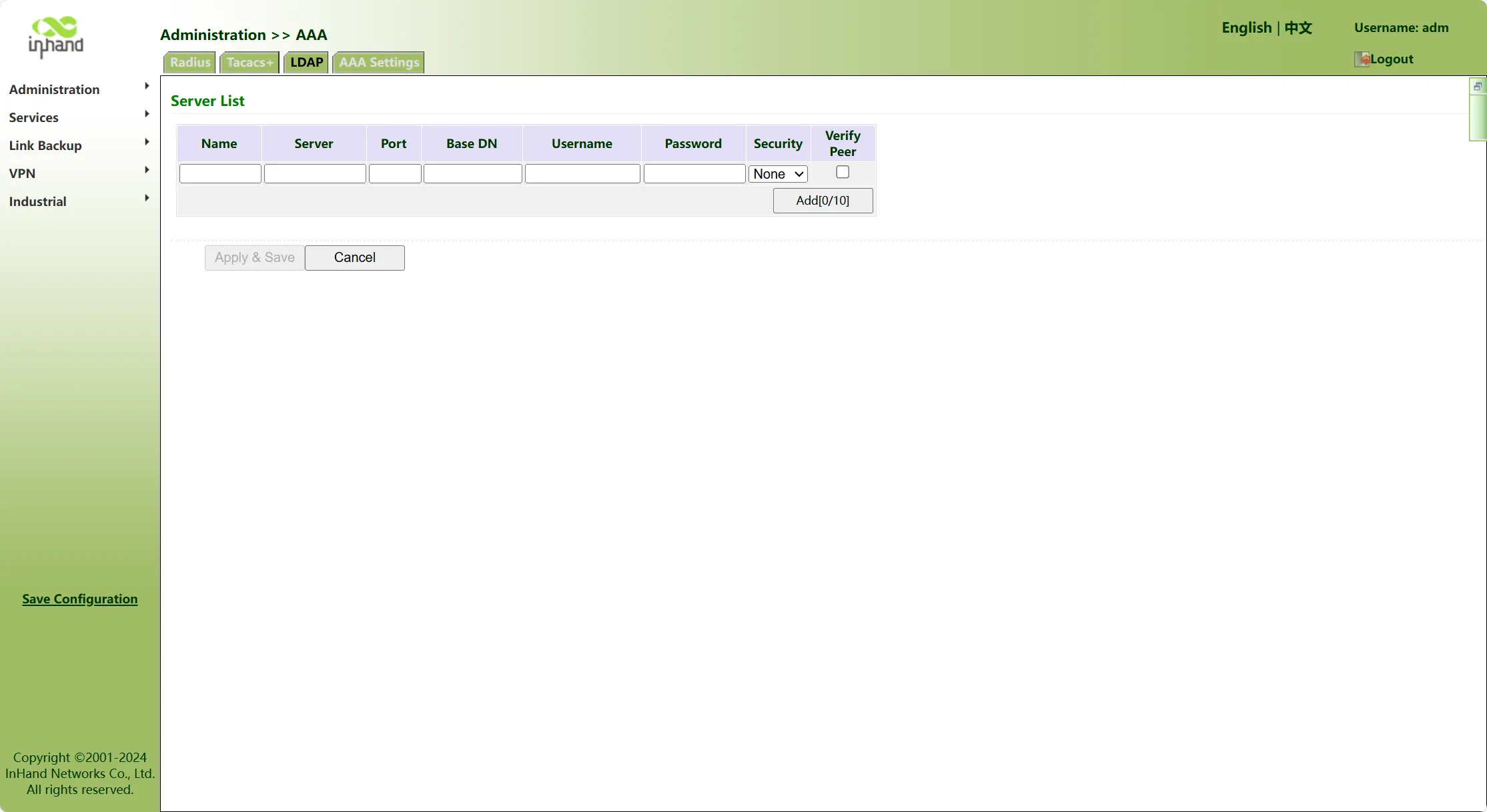 LDAP authentication configuration