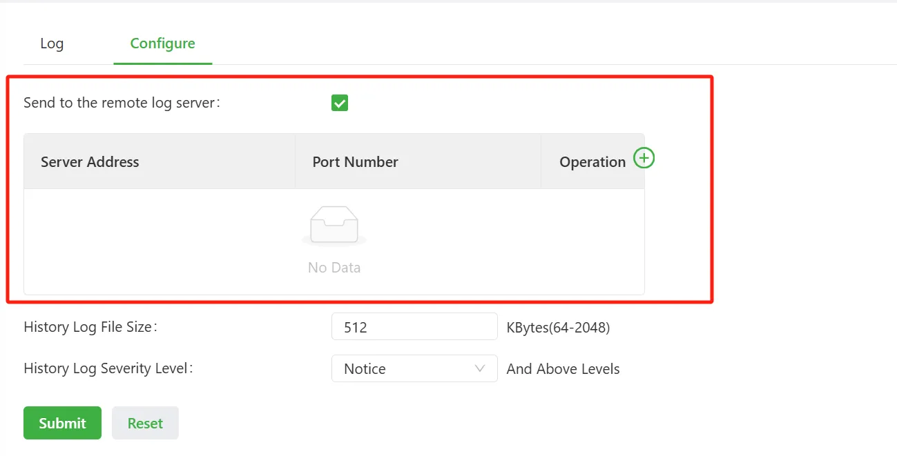 Remote log server configuration