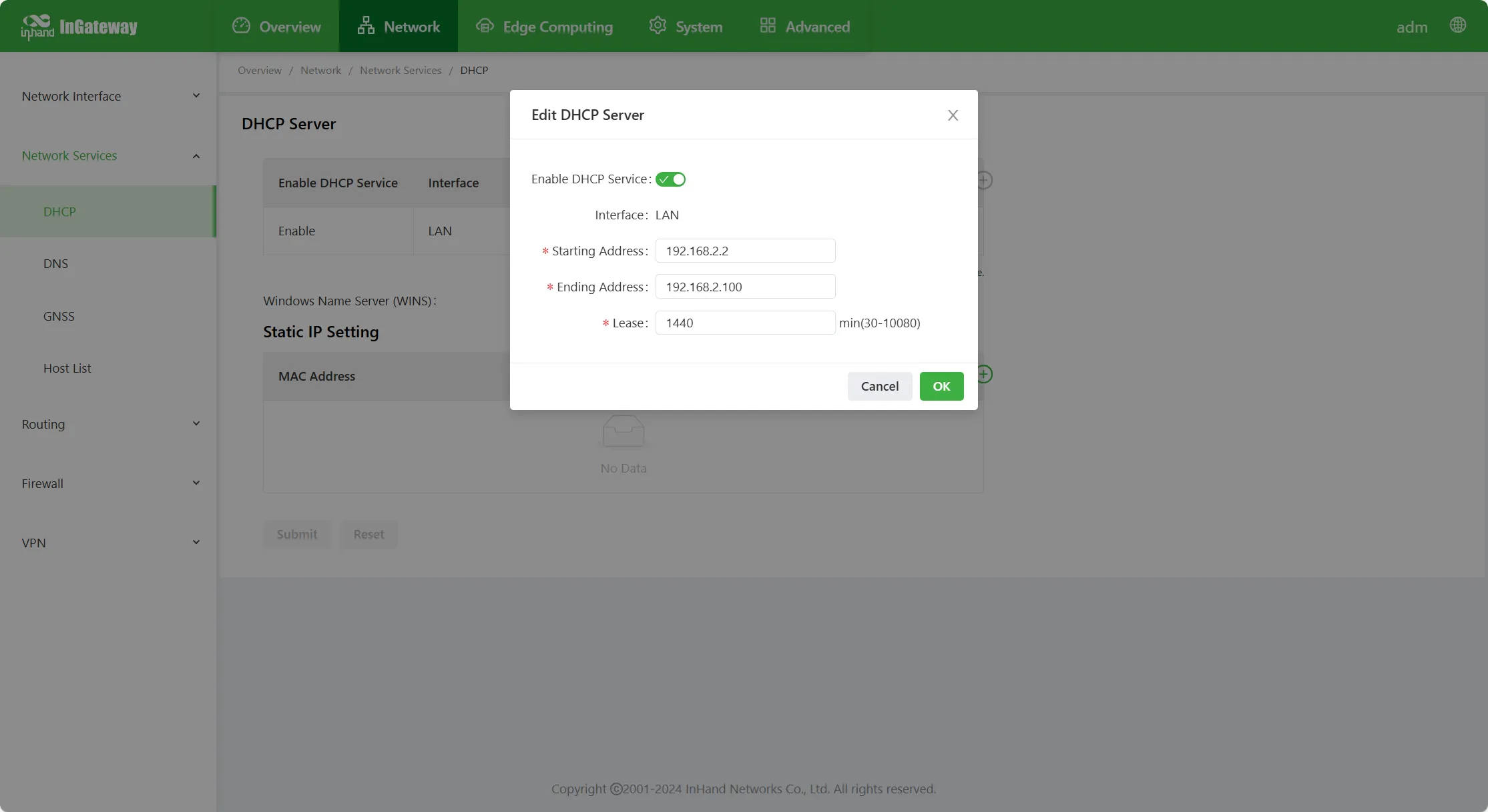 DHCP service configuration