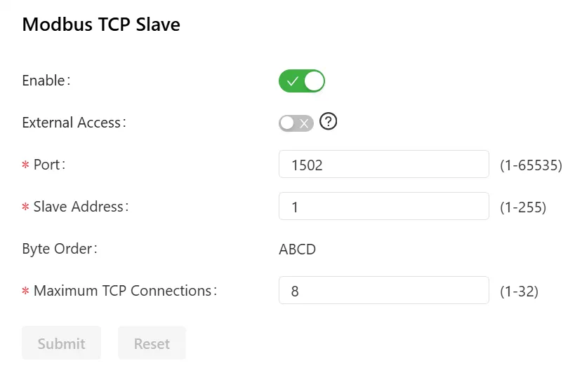 Modbus TCP slave configuration
