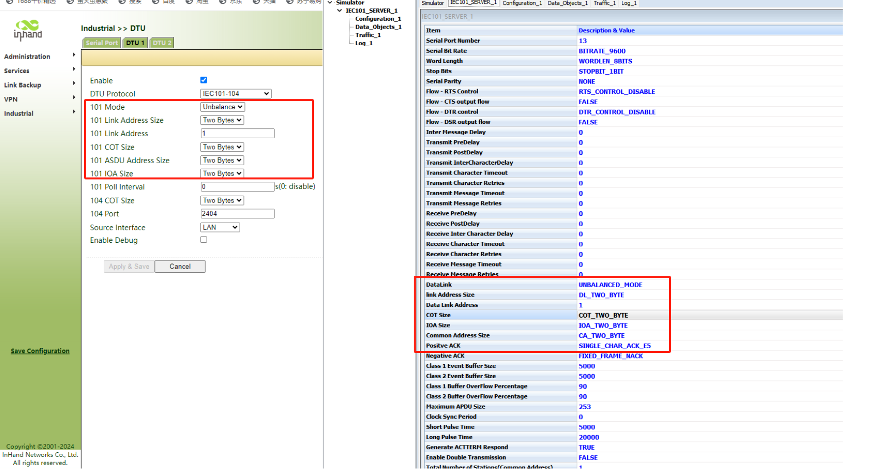 IEC 101 Server — Framing Sizes