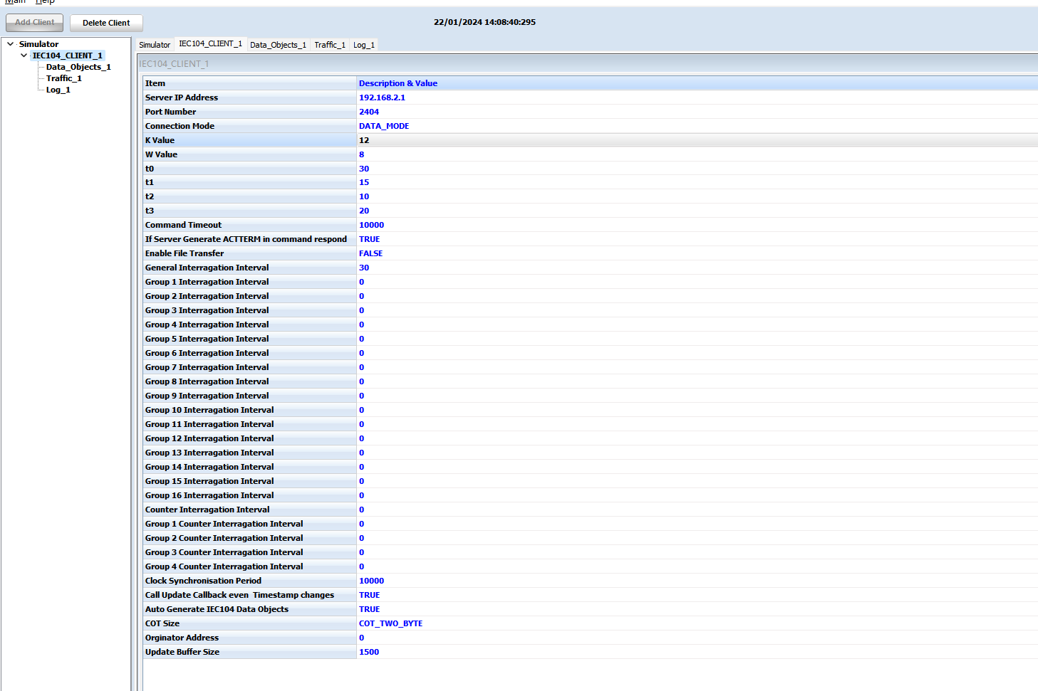 IEC 104 Client — Session Parameters