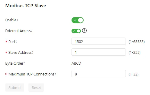 Modbus TCP Slave configuration