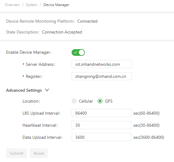 Device Manager configuration page