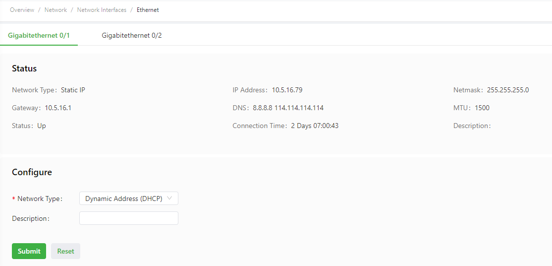 GE 0/1 DHCP configuration