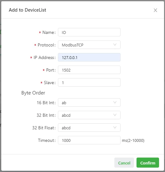 Modbus TCP controller configuration