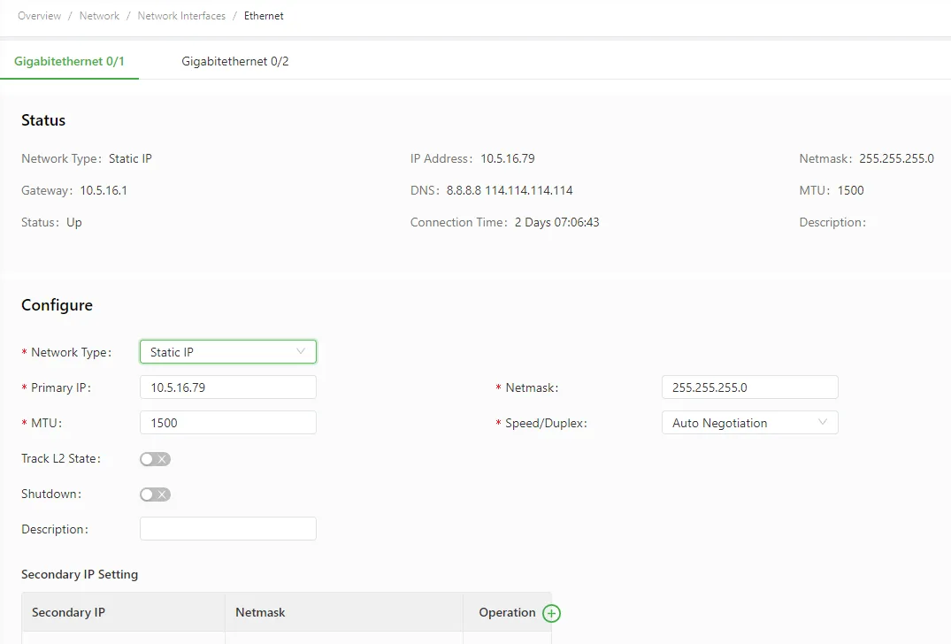 GE 0/1 Static IP configuration