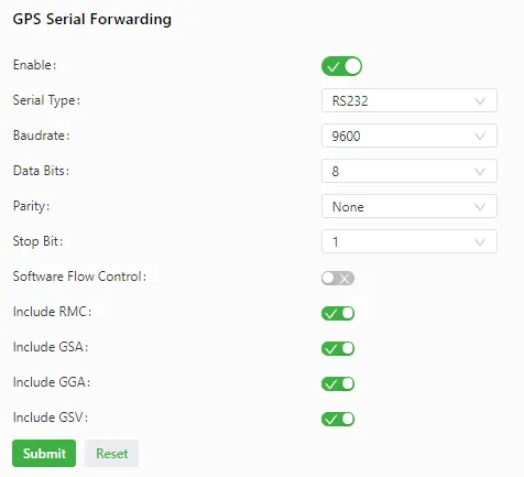 GPS serial forwarding configuration